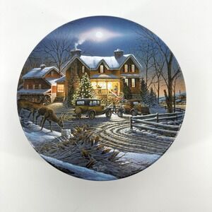 Terry Redlin Holiday Tin Family Traditions Winter Scene 1990 Black Round 7.25in